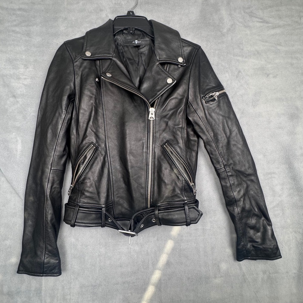 7 For All Mankind Womens Black Genuine Leather Moto Biker Jacket XS L7M27287